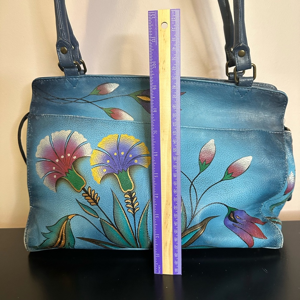 Anuschka Hand Painted Leather Teal Floral Tote Shoulder Handbag Purse - Picture 12 of 16